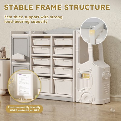 Children's toy storage cabinet with 10 boxes, 2 cabinets, 3 shelves, multi-purpose toys, boys' and girls' book storage cabinets