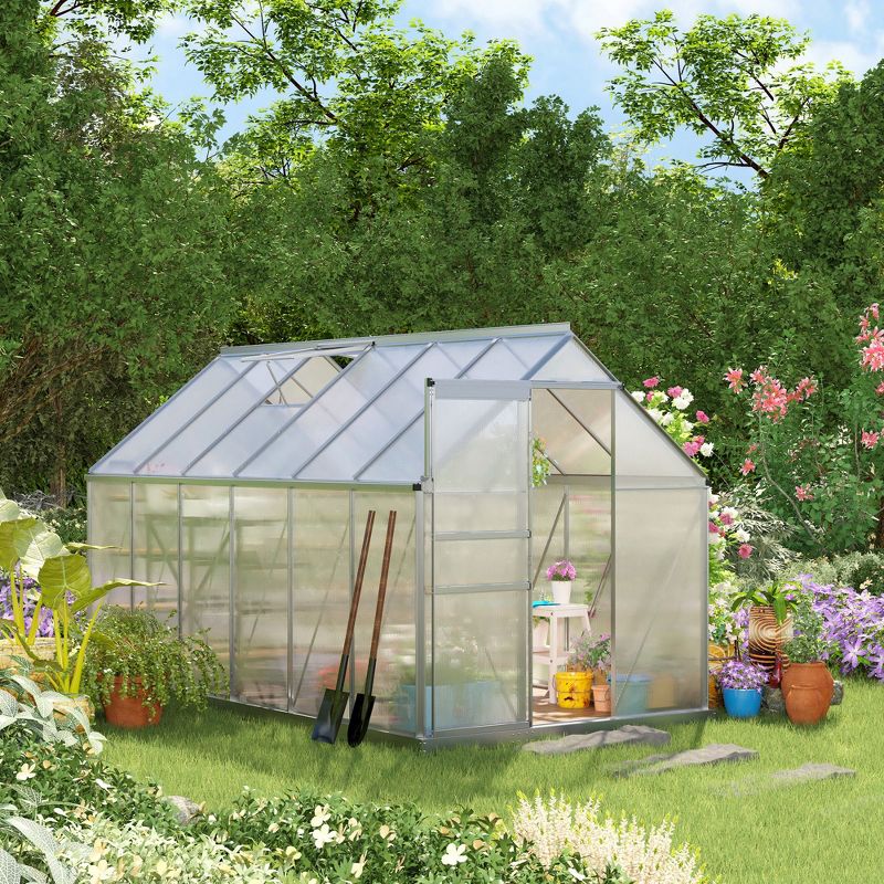 Outsunny Aluminum Greenhouse, Polycarbonate Walk-in Garden Greenhouse Kit with Adjustable Roof Vent, Rain Gutter and Sliding Door for Winter, Silver, 3 of 10