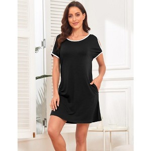 Women's Color Block Off Shoulder Short Sleeve Nightgown Casual Dress - 1 of 4
