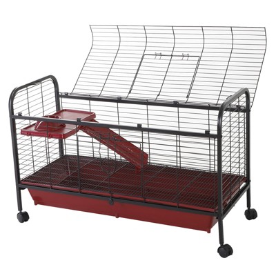 PawHut Red and Black Small Animal Cage with Ramp and Feeder