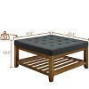 Zeus & Ruta Tufted Linen Large Square Ottoman with Beech Wood Shelf and Frame, Dark Gray - 2 of 4