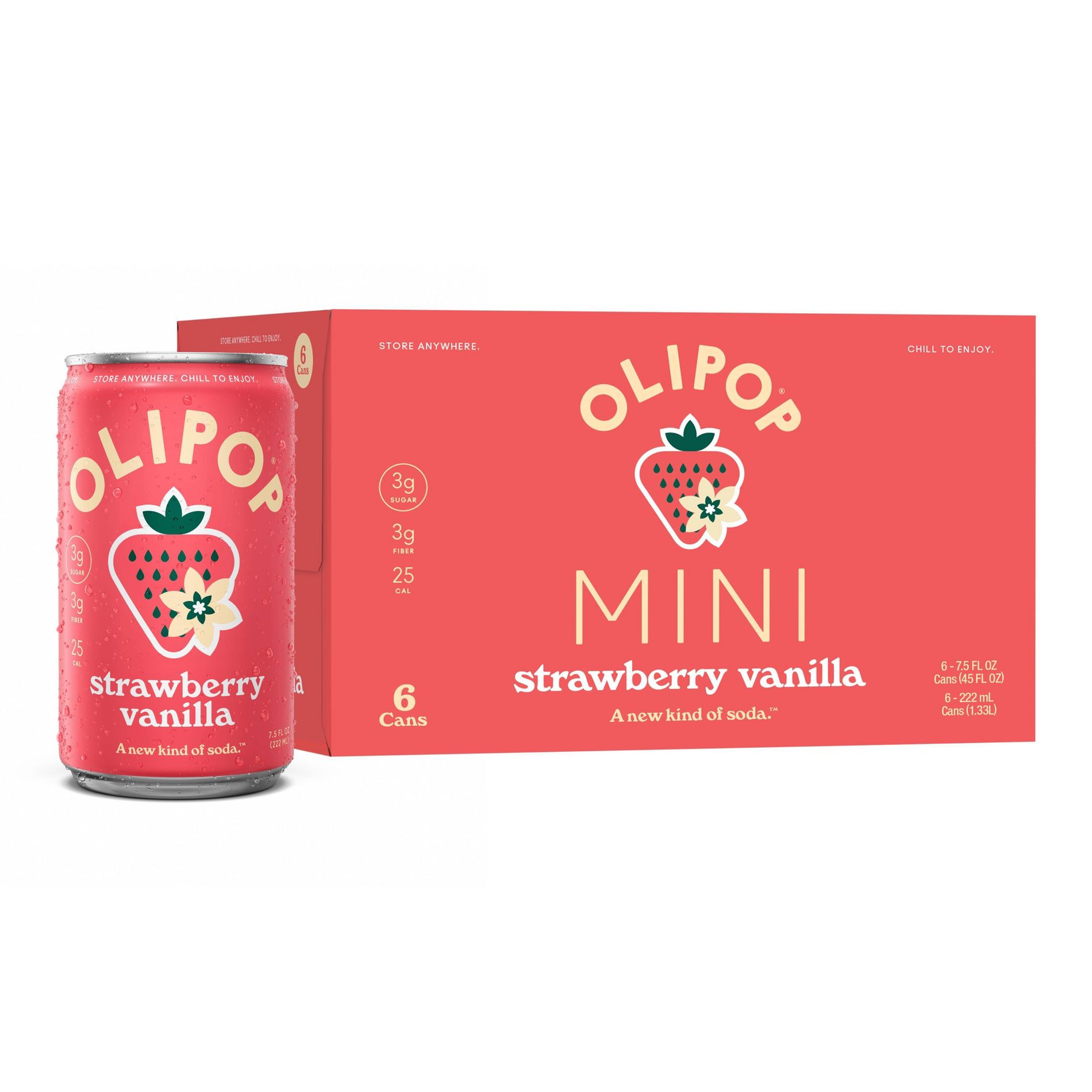 OLIPOP MINIs 3g Fiber Prebiotic Soda, Strawberry Vanilla - 6pk/7.5 fl oz Cans