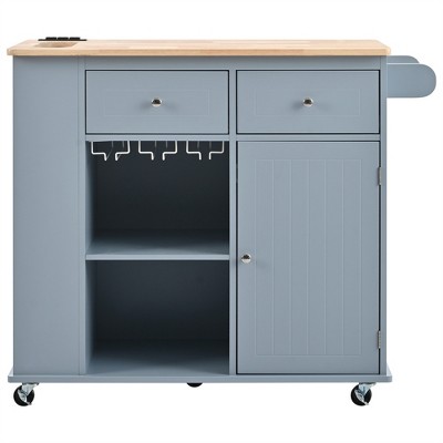 OUTSUPPLY Kitchen Island with Drop-Leaf, Mobile Workstation with Wine Rack, 5 Wheels & Adjustable Storage