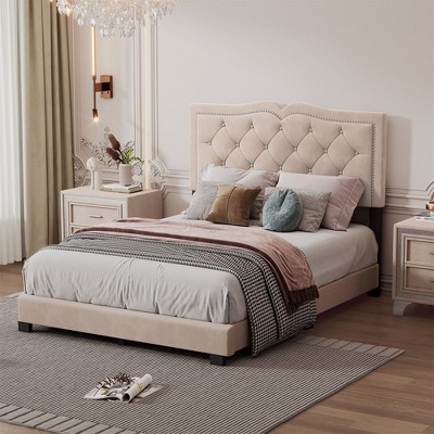 Velvet Bed Frame With Upholstered Headboard Rivet Trim, Modern Platform Bed, No Box Spring Needed, 10 Slats Supports