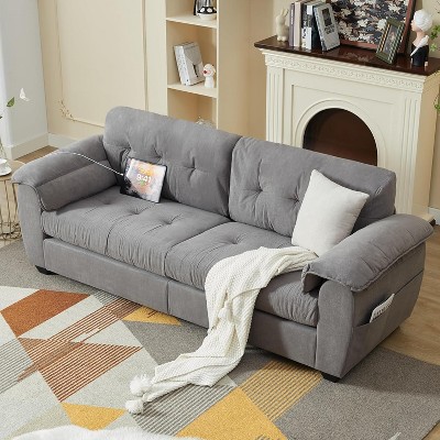 TYBOATLE 87" Mid-Century Modern Sofa with USB Charger & Side Pocket, Comfy Tufted 2/3 Seater Couch for Living Room, Apartment, Office (Dark Grey)