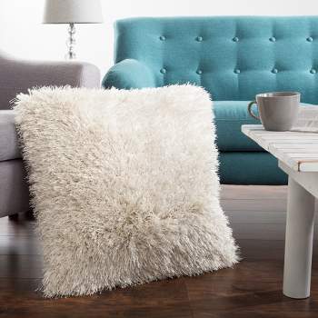 Fuzzy Oversized Throw Pillow - Shag Faux Fur Glam Decor - Plush Square Accent or Floor Pillow for Bedroom, Living Room, or Dorm by Lavish Home (Beige)