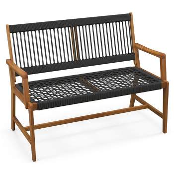 Tangkula Patio 2-Person Acacia Wood Bench All-Weather Rope Woven Outdoor Garden Natural