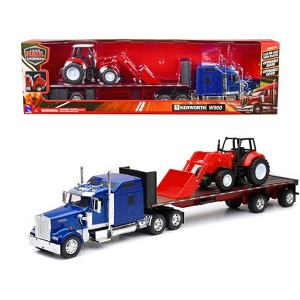Kenworth W900 Truck with Flatbed Trailer Blue Met. w/Farm Tractor Red "Long Haul Truckers" Series 1/32 Diecast Model by New Ray - 1 of 4