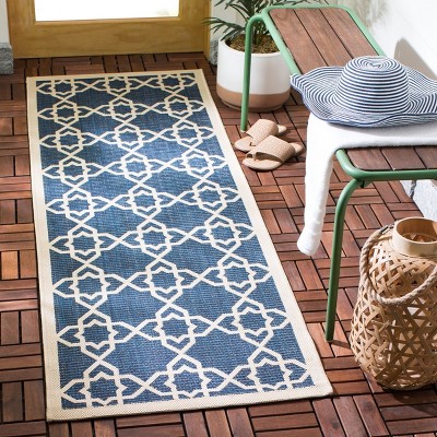 Navy and Beige Geometric Indoor/Outdoor Runner Rug