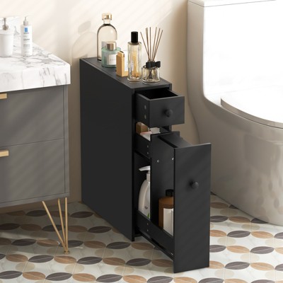 Black MDF Slim Bathroom Storage Cabinet with Slide Out Drawers