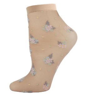 Memoi Women's Posy Patch Sheer Floral Knit Anklet Sock - 1 of 2