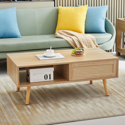 ALEXOUN 41.3 Inch Coffee Table with Storage & Sliding PE Rattan Door, Solid Wood Legs,for Living Room, Apartment