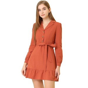 Allegra K Women's Notched Lapel V Neck Tie Waist Solid Ruffle Hem Mini Dress - 1 of 4