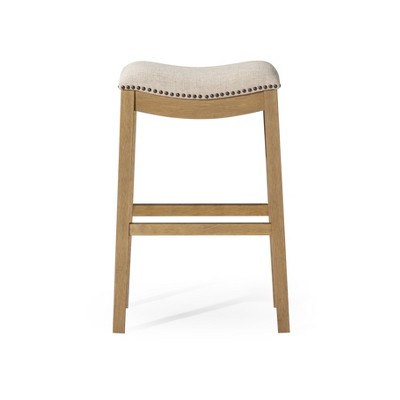 HomeRoots 31" Beige and Natural Fabric and Solid Wood Backless Bar Height Bar Chair