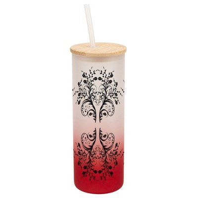Elanze Designs Vintage Floral Damask Pattern Wrap-Around Design 25 Ounce Frosted Gradient Glass On-The-Go Coffee Travel Skinny Tumbler Mug Cup, Bamboo