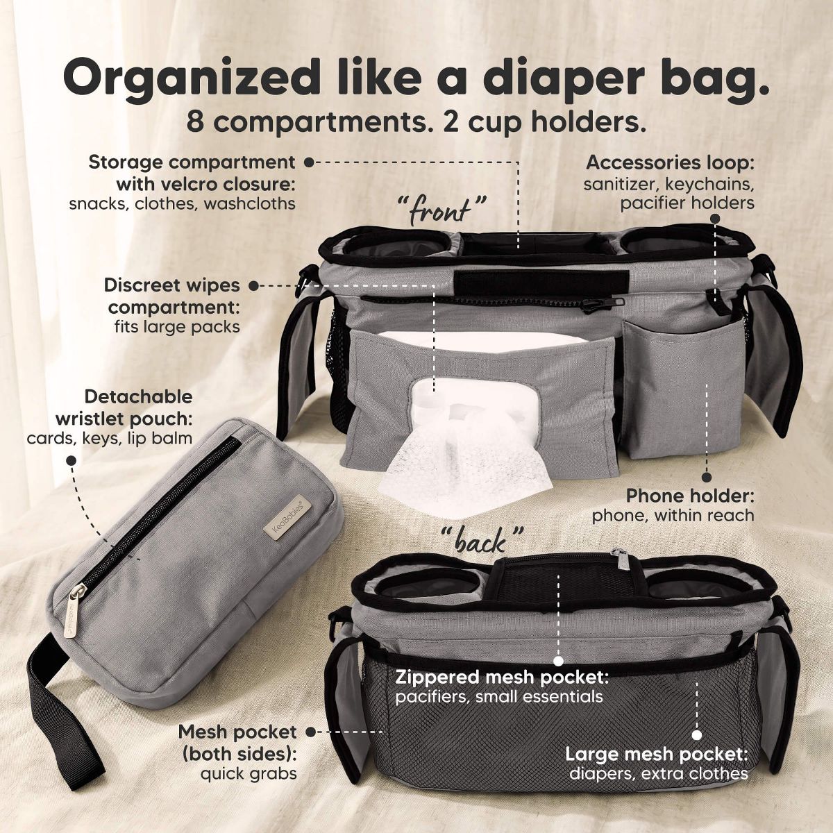 KeaBabies Stash Stroller Organizer Bag, Storage Caddy with Cup Holders, Fits Most Strollers and Wagons - thumbnail 3