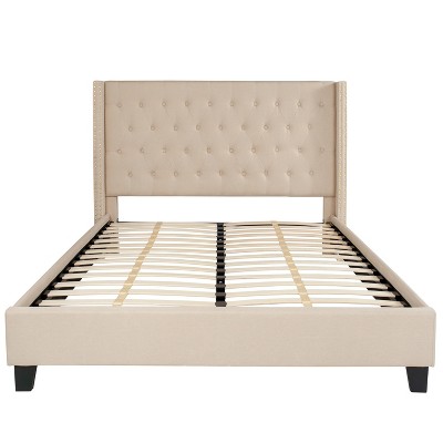 Elegant Beige Queen Platform Bed with Tufted Headboard and Nailhead Trim