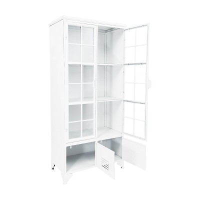 White Metal Freestanding Cabinet with Glass Doors and Shelves