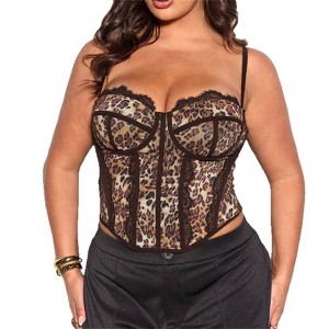 Clotth Ladies Leopard Print Corset Top - Cute Lace-Up Bustier, Overbust Corset with Boning, Outerwear Corset Top, Brown with Black Spots - 1 of 4