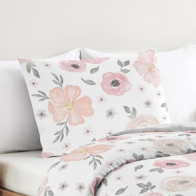 Standard Pink and Grey Watercolor Floral Polyester Pillow Sham