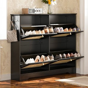 Whisen Narrow Tipping Bucket Shoe Rack & Shoe Cabinet with 4 Flip Drawers & Rattan Doors, 2 Silvery Hooks - 1 of 4