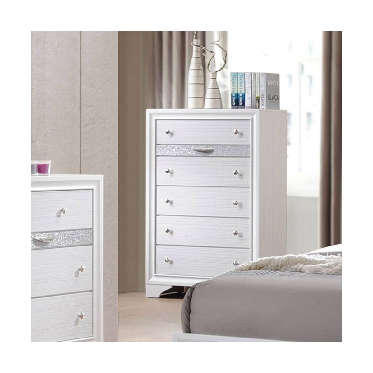 Acme Furniture 34" Naima Chest White: 5-Drawer Wood Vertical Dresser, Metal Glides, No Assembly Required