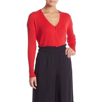 Women's Knit Faux Wrap Ribbed V Neck Surplice Sweater - Elodie