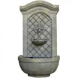 Sunnydaze 31"H Solar-Powered with Battery Pack Polystone Rosette Leaf Outdoor Wall-Mount Fountain, French Limestone Finish