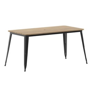 Emma and Oliver Indoor/Outdoor Dining Table with Umbrella Hole, 30" x 60" Rectangular All Weather Poly Resin Top and Black Steel Base - 1 of 4