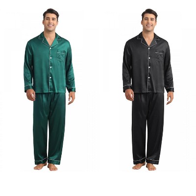 INSPIRE CHIC Men's 2 Pack Sleepwear Classic Soft Button Long Sleeve Satin Pajamas Sets