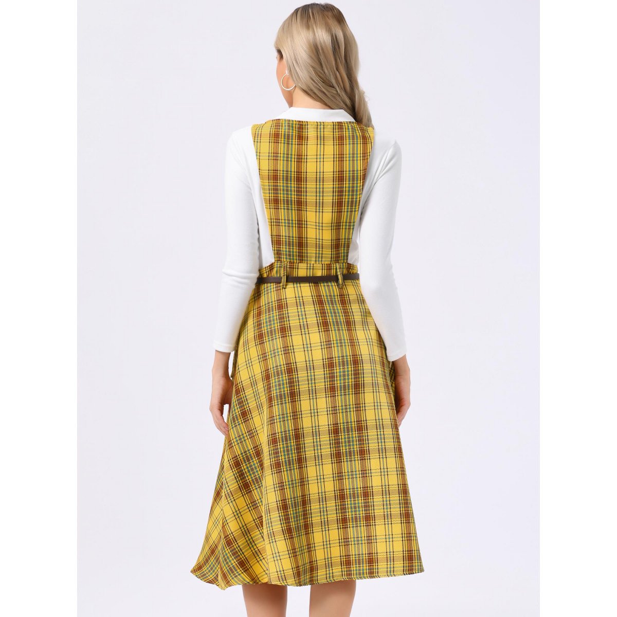 Женские платья INSPIRE CHIC Women's Plaid Square Neck Belted Sleeveless A-Line Pinafore Dress X-Large Yellow — фото 3