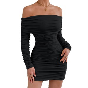 Women's Off - The - Shoulder Long - Sleeve Ruched Bodycon Mini Dress, Slim - Fitting and Elegant Dress for Parties and Nights Out - 1 of 4