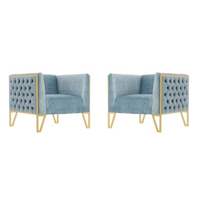Set of 2 Vector Velvet Accent Chairs Ocean Blue - Manhattan Comfort: Plush, Tufted, No Assembly Required