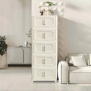 MAYEERTY 19.69" Side 5 Tiers Plastic Folding Stoarge Cabinet with Magnetic Door Wheels Cream White for Living Room - 1 of 4