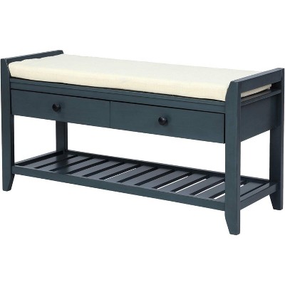 39" Entryway Storage Bench, Wood Storage Bench with Open Shoe Rack, Capacity 220Lbs, Multipurpose Shoe Bench with Padded Cushion, 2 Drawers