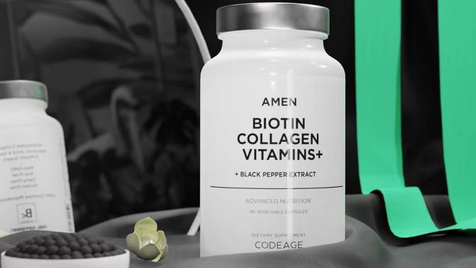 Amen Biotin Collagen Peptides, Vitamins C & E, Folate, Keratin, Hyaluronic Acid, Hair & Skin - 90ct, 2 of 10, play video