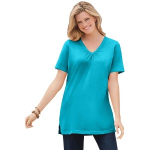 Woman Within Plus Size Perfect Short-Sleeve Shirred V-Neck Tunic - 1 of 4