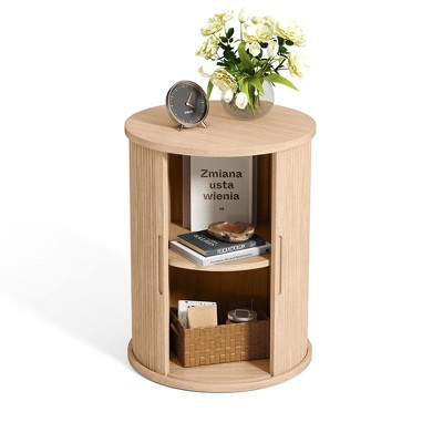 Fluted Round End Table for Living Room or Bedroom, Nightstand with Sliding Tambour Door