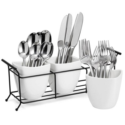 LunaLulinlk 3 Piece White Ceramic Utensil Holder with Metal Stand, Flatware Caddy for Cutlery, Silverware, Kitchen Organizing (White, 13 x 4 x 5 In)