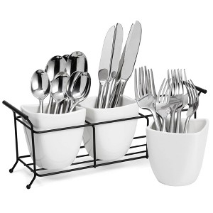 LunaLulinlk 3 Piece White Ceramic Utensil Holder with Metal Stand, Flatware Caddy for Cutlery, Silverware, Kitchen Organizing (White, 13 x 4 x 5 In) - 1 of 4