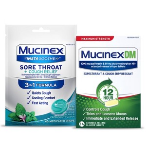 Mucinex 40 Count Instasoothe Sore Throat & Cough Drops + 14 Count DM Max Strength 12 Hour Cough Medicine - 1 of 4