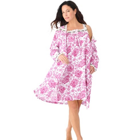Only Necessities Women s Plus Size Short 2 Piece Cabbage Rose Peignoir Set 1X Pink Floral