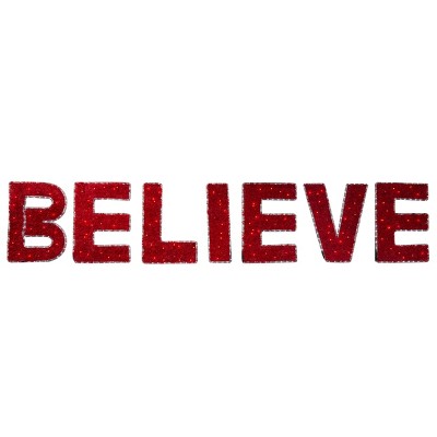 Season's Designs 2' LED Believe Sign Christmas Decor, Plastic, Red, Indoor/Outdoor Wall Hanging with 1 White LED Light