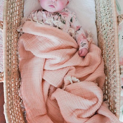 Desert Rose Cotton Muslin Baby Blanket with Fringe Trim
