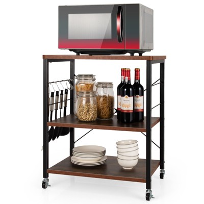 Tangkula Kitchen Baker's Rack 3-Tier Microwave Cart with Wheels&10 Hooks Rustic Brown/Maple/Vintage/Nut Brown