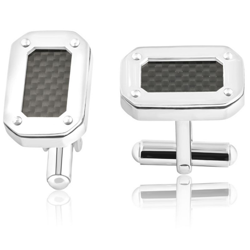 Pompeii3 Men's Stainless Steel And Black Carbon Fiber Rectangle Polished Cufflink 14mm, 1 of 4