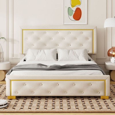 NicBex Queen Upholstered Bed Frame with Button Tufted Velvet Headboard,Platform Bed Frame with Gold Metal Wire and Metal Feet,Easy Assembly