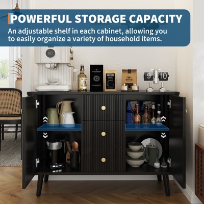 Open cabinet doors showing interior shelves and storage