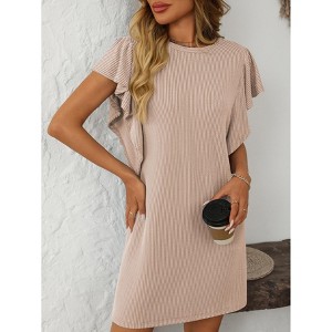 Womens Mini Dress Crew Neck Ruched Sleeve Striped Tee Shirt Dress Summer Fashion Casual Tshirt Dress - 1 of 4