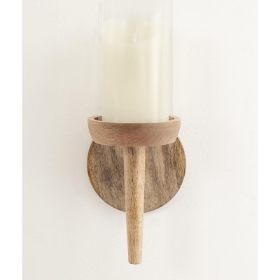 Natural Mango Wood and Glass Wall Sconce, 5x5x13